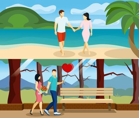 Horizontal banner set with lovers walking together on the beach and in the park  vector illustration