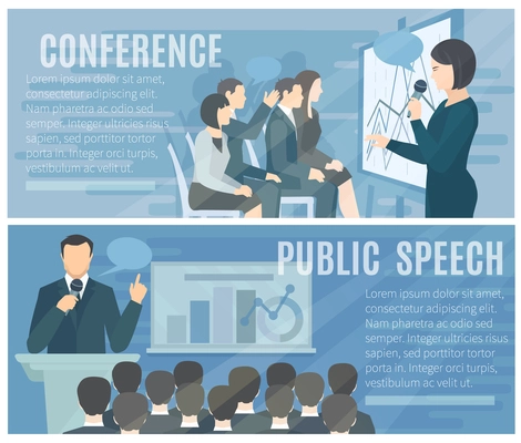 Public speech to live audience and successful conference presentations 2 flat banners composition poster abstract isolated illustration vector