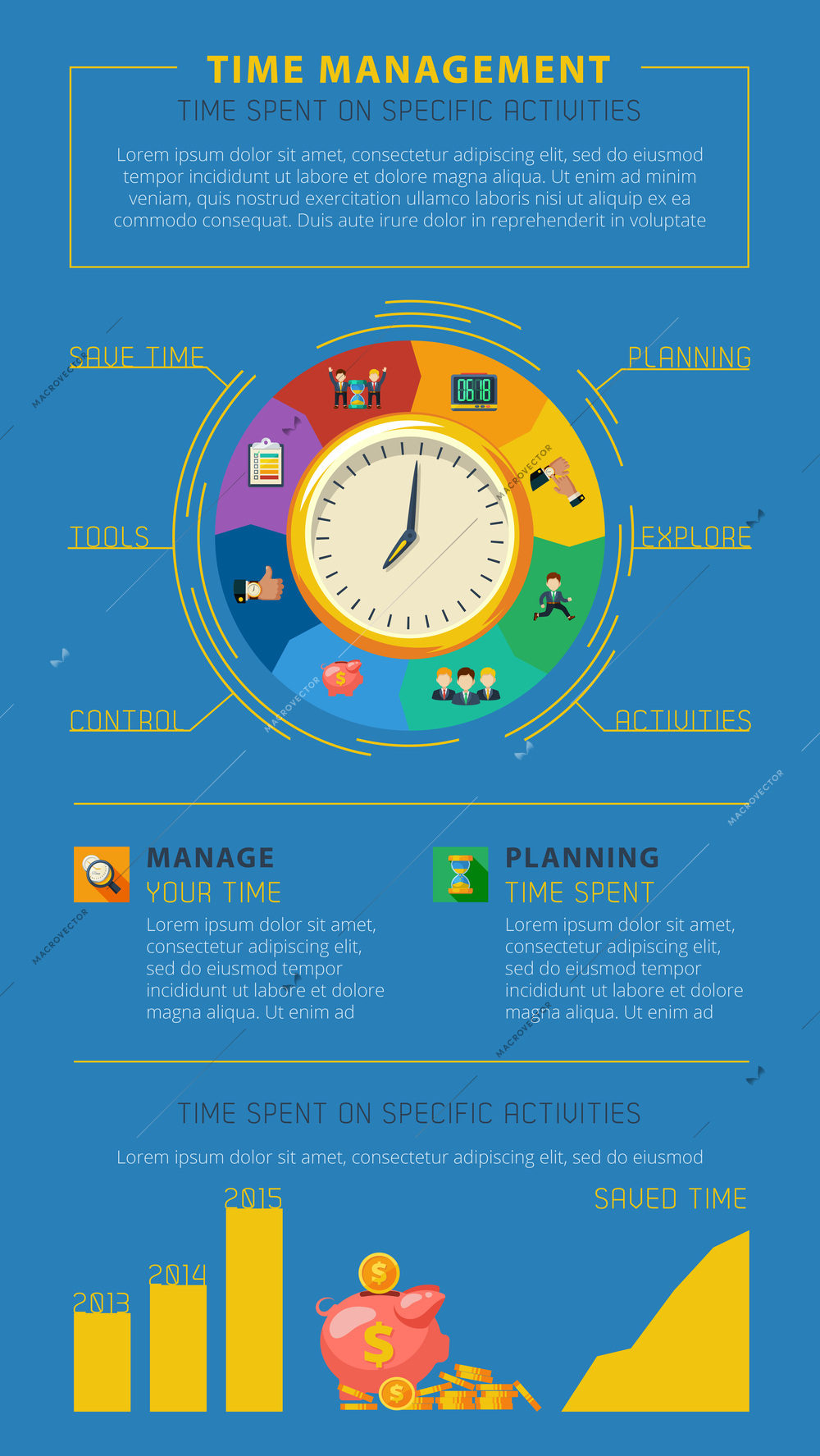 Best time management tips for profitable and successful business projects management infographics presentation poster abstract vector illustration