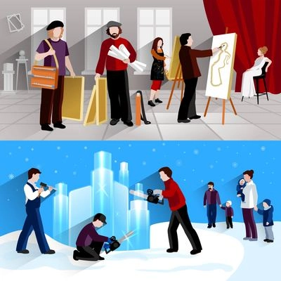 Painter and sculptor horizontal banner set with artist and ice figures flat elements isolated vector illustration