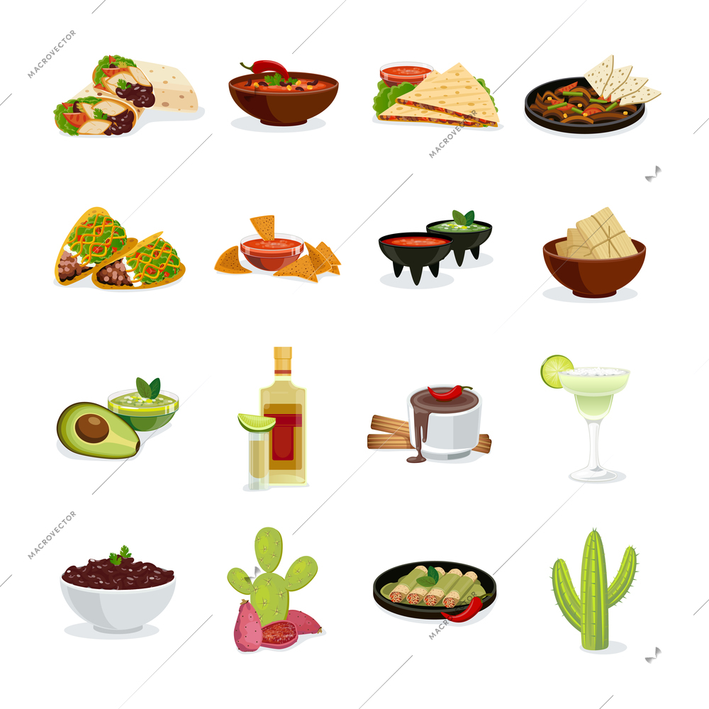 Mexican cuisine dishes snacks and drinks flat icons set with cactus national symbol abstract isolated vector illustration