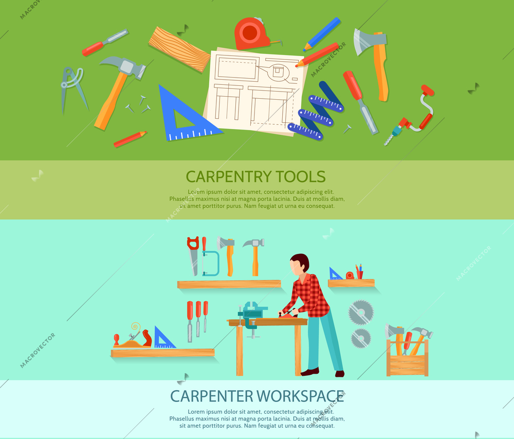 Two carpentry works flat banners set with carpentry tools vector illustration