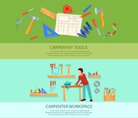 Two carpentry works flat banners set with carpentry tools vector illustration