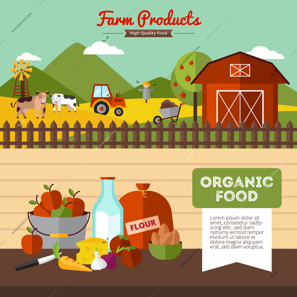 Two horizontal farm banners with organic food and farmyard in flat style vector illustration