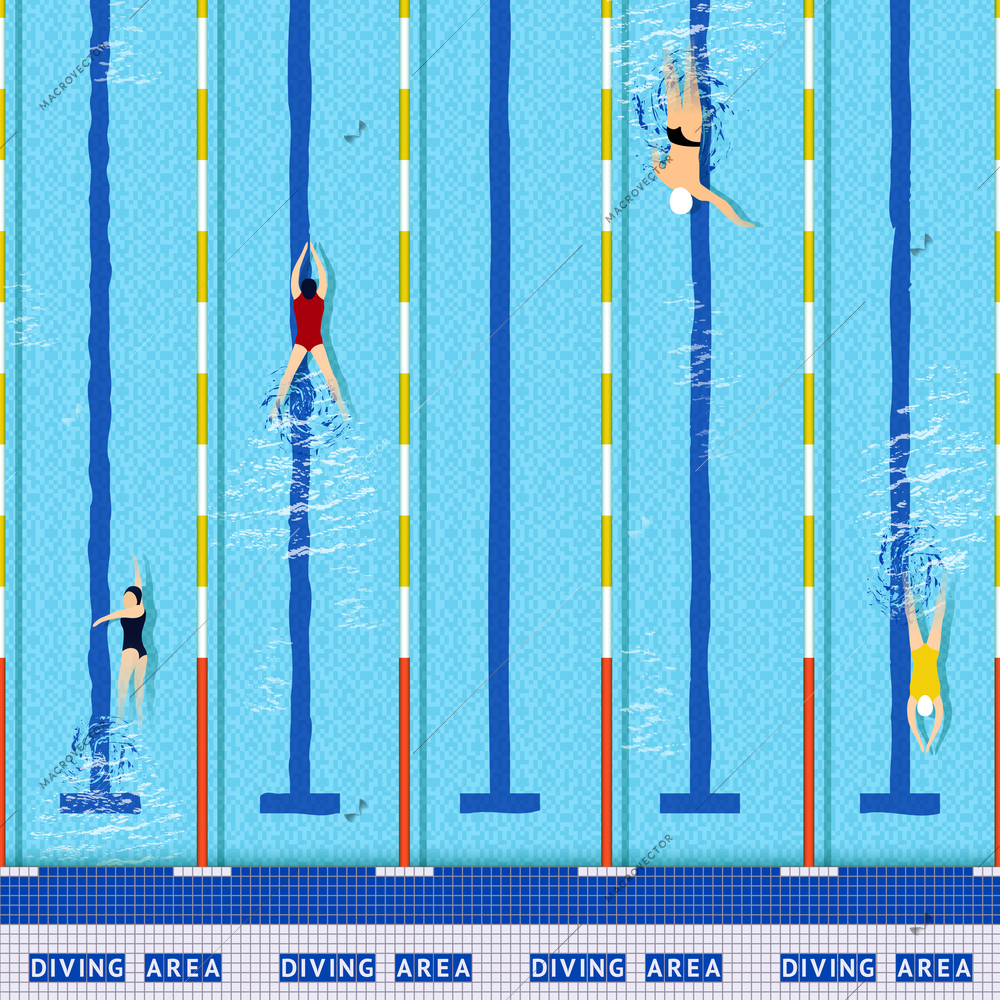 Swimming pool top view with several athlete silhouettes vector illustration