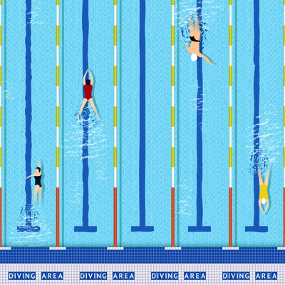 Swimming pool top view with several athlete silhouettes vector illustration