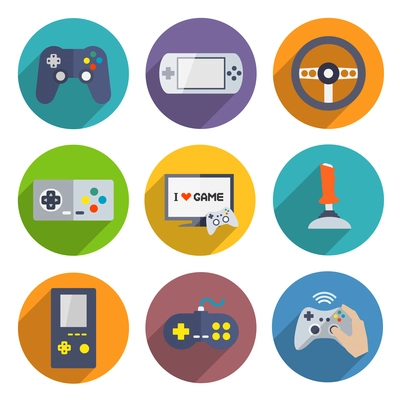 Video computer console games controller icons set of joystick keypad steering wheel isolated vector illustration