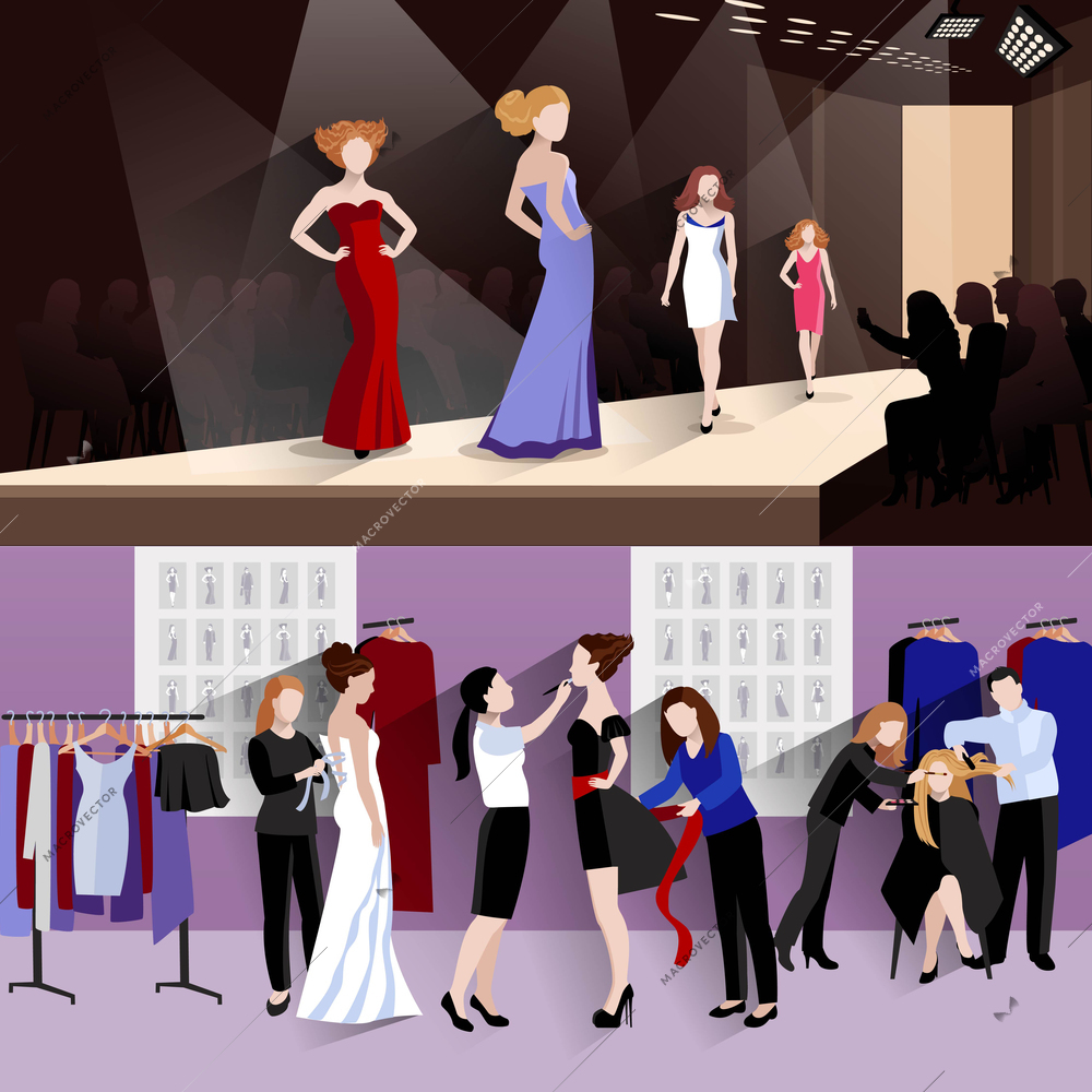 Fashion model horizontal banner set with women on catwalk and backstage dressing elements isolated vector illustration