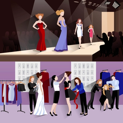 Fashion model horizontal banner set with women on catwalk and backstage dressing elements isolated vector illustration