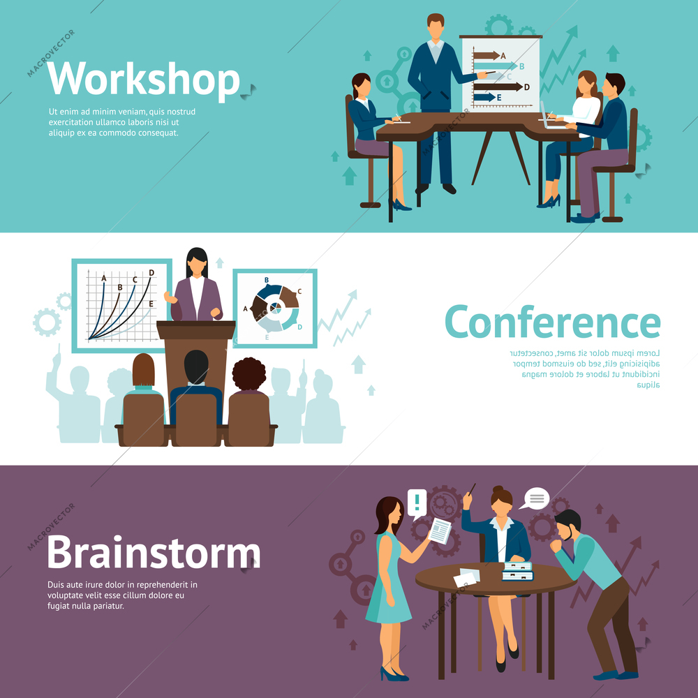 Horizontal banners set of scenes presenting business workshop conference and brainstorm flat vector illustration