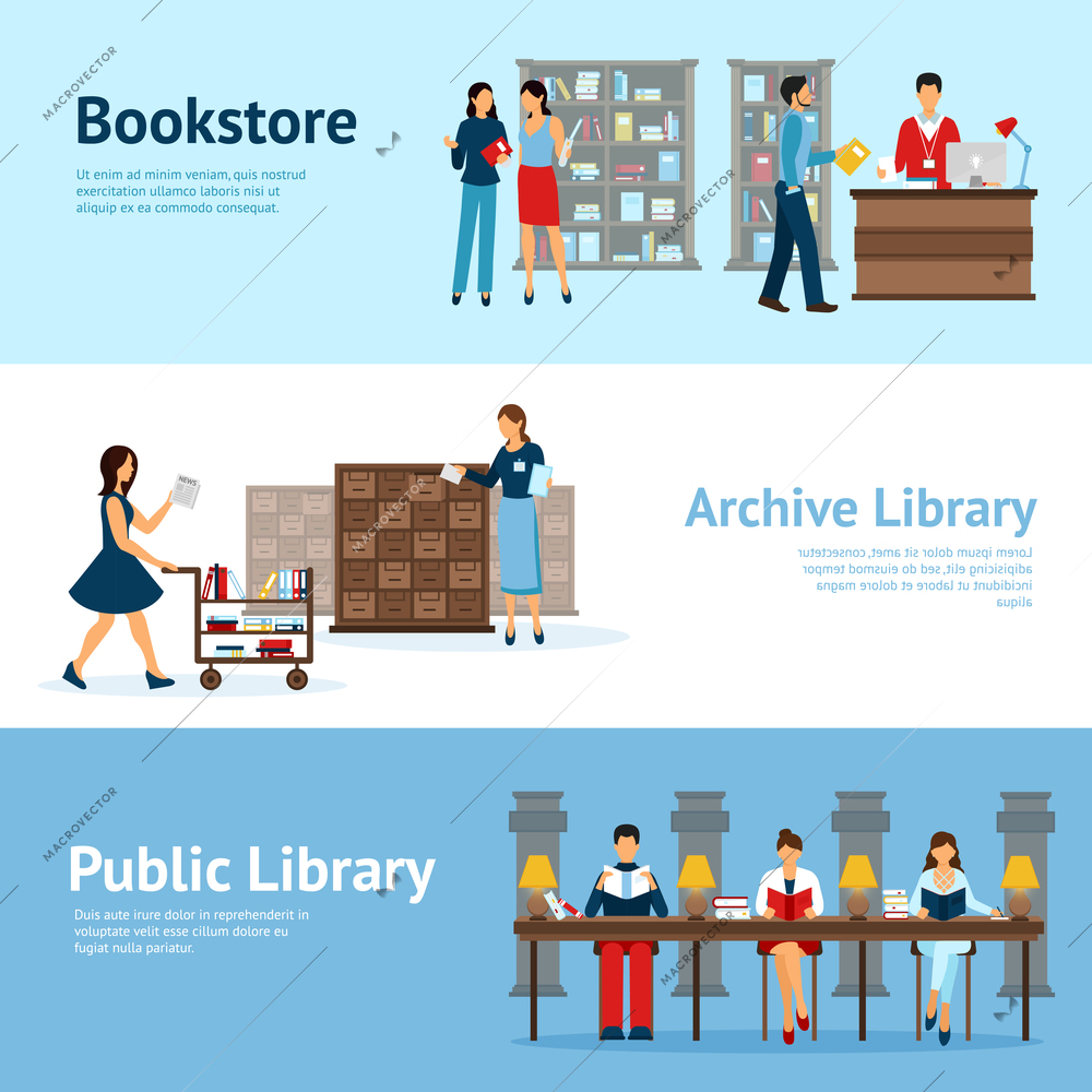 Flat horizontal banners with titles presenting bookstore customers archive library staff and public library hall vector illustration