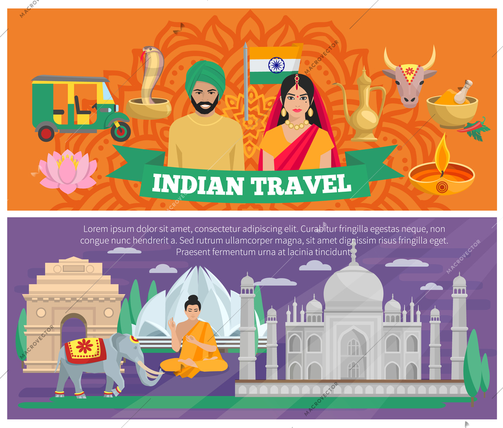 Indian travel banners with architecture and elements of culture isolated vector illustration