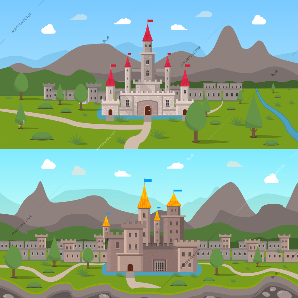 Two horizontal cartoon compositions with medieval ancient castles and fortress walls with loopholes on mountains background flat vector illustration