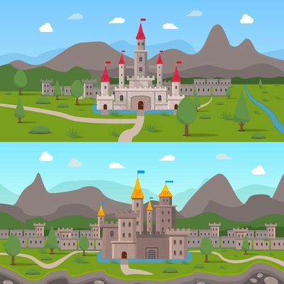 Two horizontal cartoon compositions with medieval ancient castles and fortress walls with loopholes on mountains background flat vector illustration