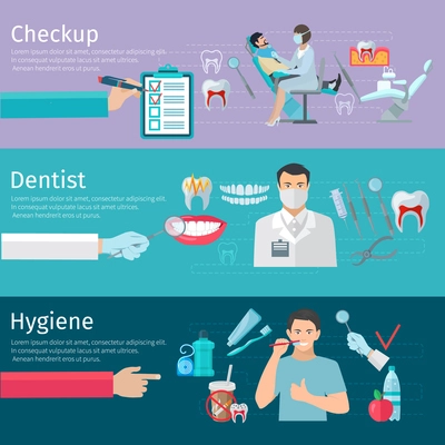 Teeth care horizontal banners set of prophylactic checkup dentist tools and hygiene products flat vector illustration