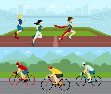 Sport people horizontal banner set with running women and cyclists racing by the road vector illustration