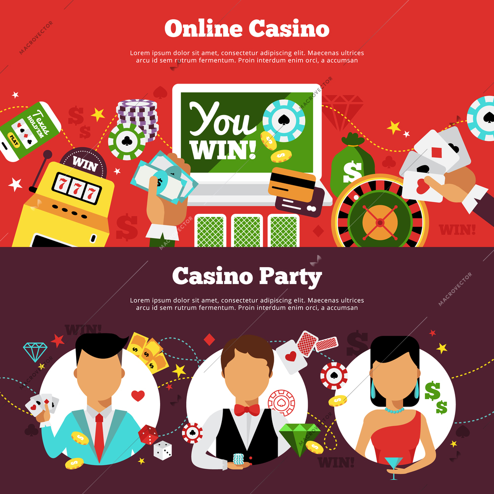 Flat horizontal banners online casino with different elements and casino party with dealer and players vector illustration