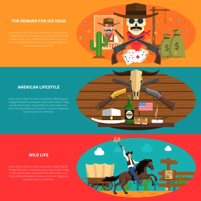 Cowboy horizontal banner set with wild lifestyle flat elements isolated vector illustration