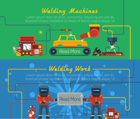 Two flat horizontal vector banners with illustration of welders tools and welding machines