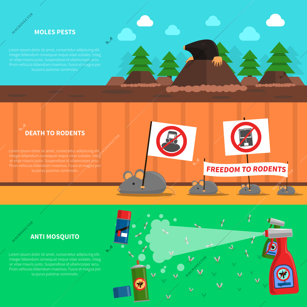 Pest horizontal banner set with moles and mice flat elements isolated vector illustration