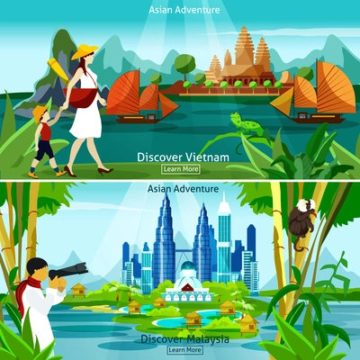 Vietnam and malaysia travel flat colorful compositions with modern and historical asian architecture and tourists at exotic background vector illustration