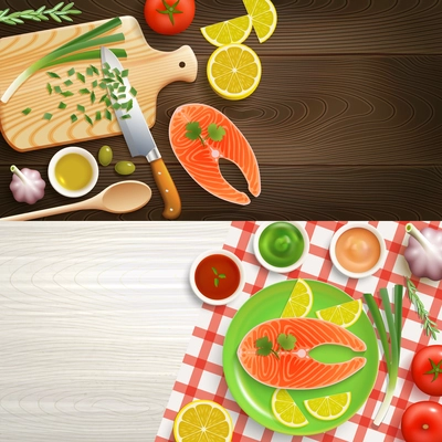 Flat laymcooking 2 realistic banners set with fish dish ingredients on wood texture background vector illustration