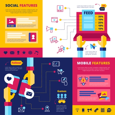 Social network features flat banners composition with infographic elements design with games chats and contacts abstract vector illustration