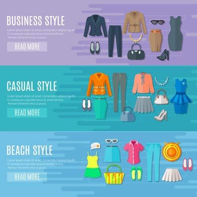 Fashion styles collection banners set of business beach and casual woman clothes flat vector illustration