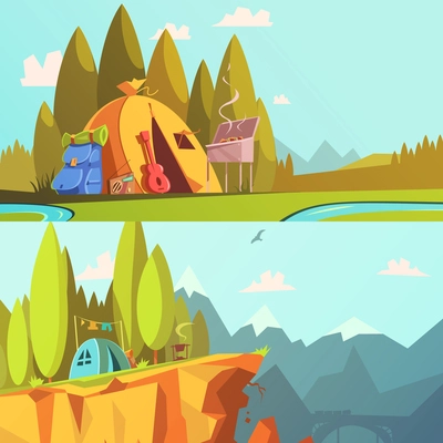 Hiking cartoon horizontal banners set with barbecue guitar and tent isolated vector illustration