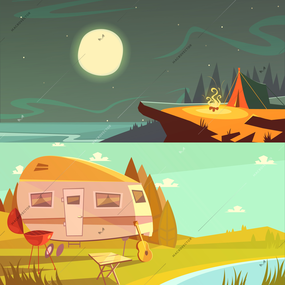 Hiking and camping cartoon horizontal banners set with trailer and tent isolated vector illustration