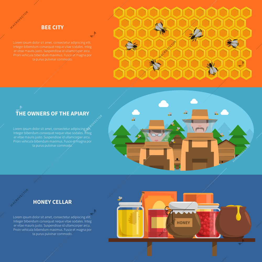 Honey horizontal banners set with bee city and honey cellar symbols flat isolated vector illustration