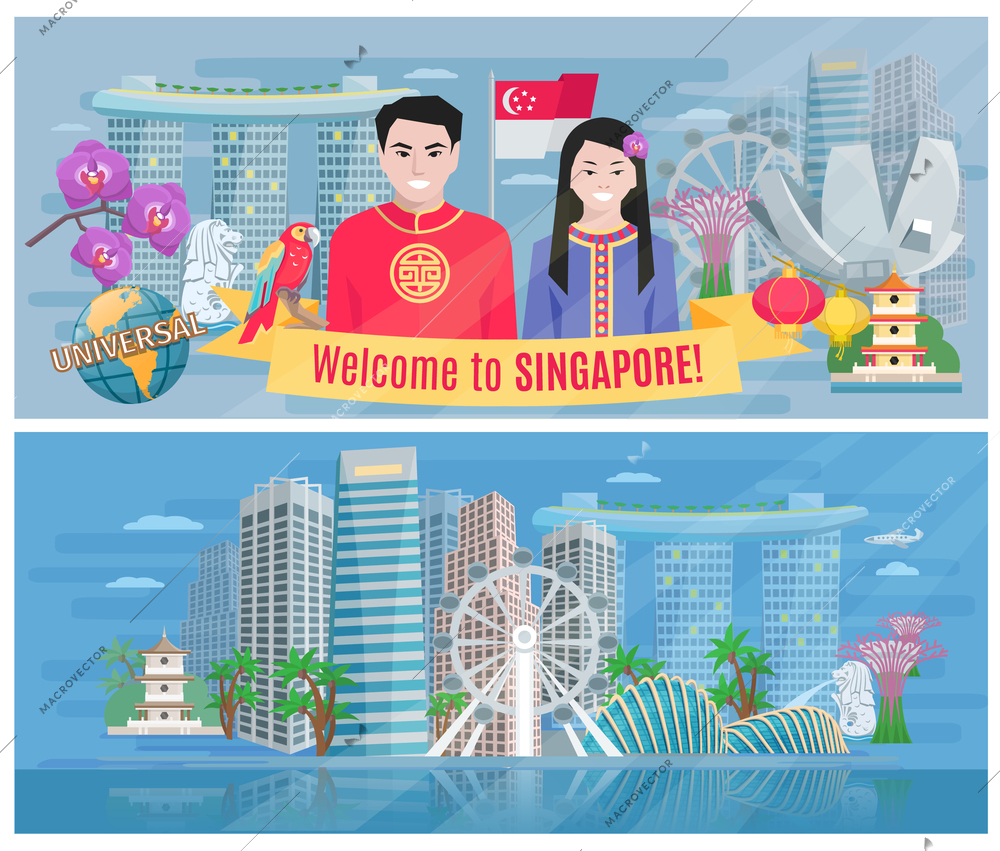 Welcome to singapore 2 flat banners poster with marina bay and business district abstract vector isolated illustration