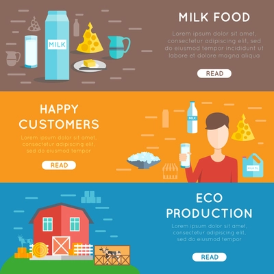 Milk horizontal banner set with eco production elements flat isolated vector illustration