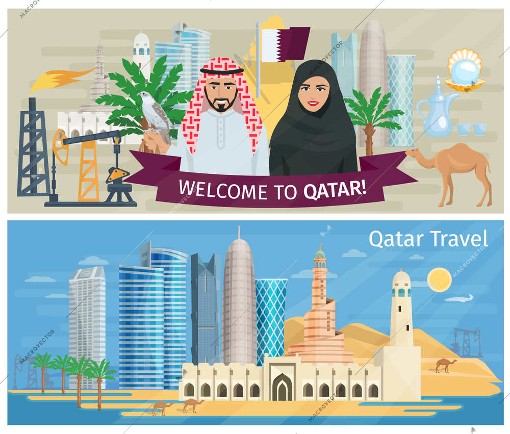 Qatar banner set with national symbols of the country  buildings  and conceptual landscape vector illustration