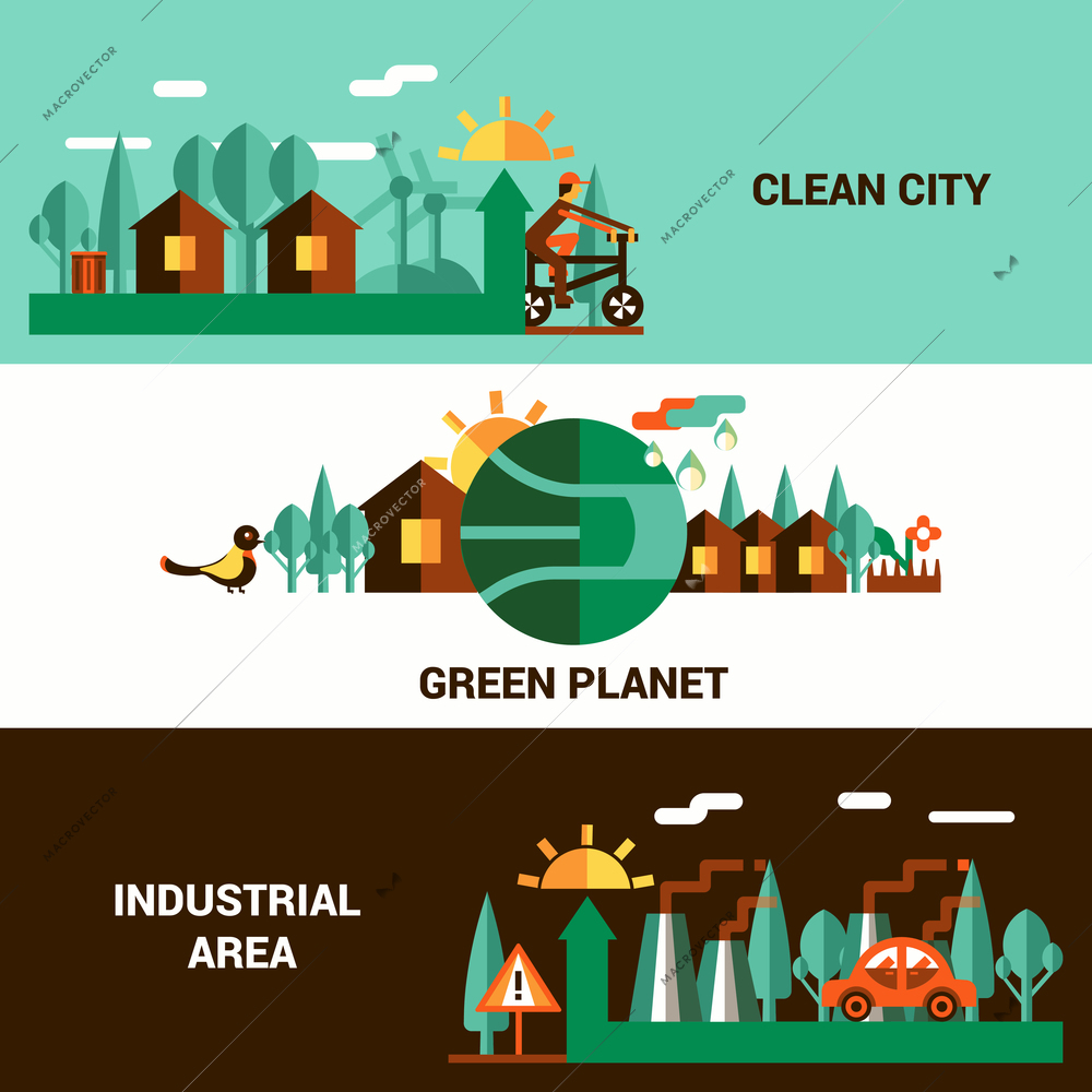 Flat vector horizontal banners on theme ecology with illustration of clean city green planet and industrial area