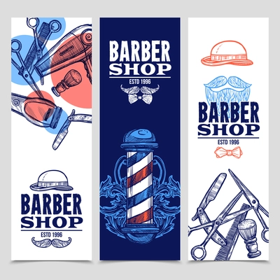 Barber shop 3 vertical flat banners set with beard mustache emblem and tools red blue abstract vector illustration