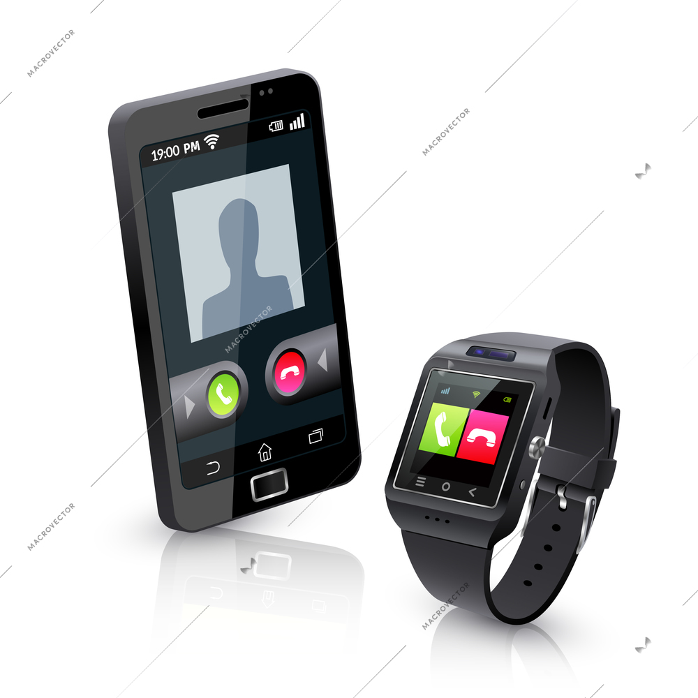 Black smartwatch alerts for compatible smart phone incoming call realistic objects composition with white background vector illustration