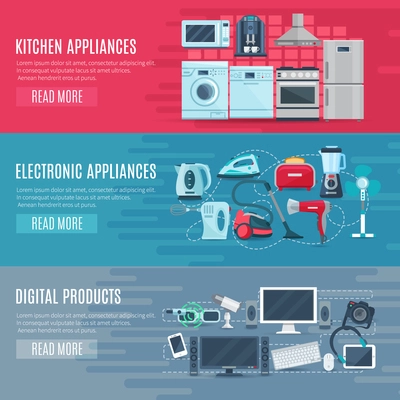 Flat horizontal household banners set of kitchen equipment electronic appliances and digital products vector illustration