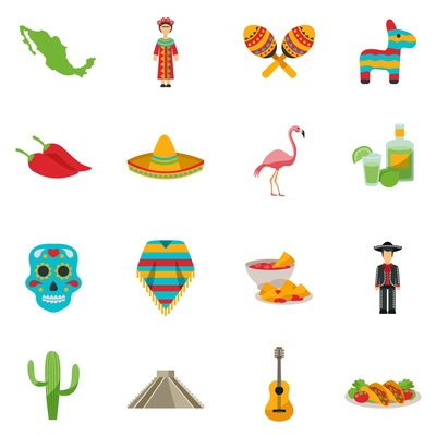 Set of flat icons with traditional food costumes animals and sightseeings of Mexico vector illustration