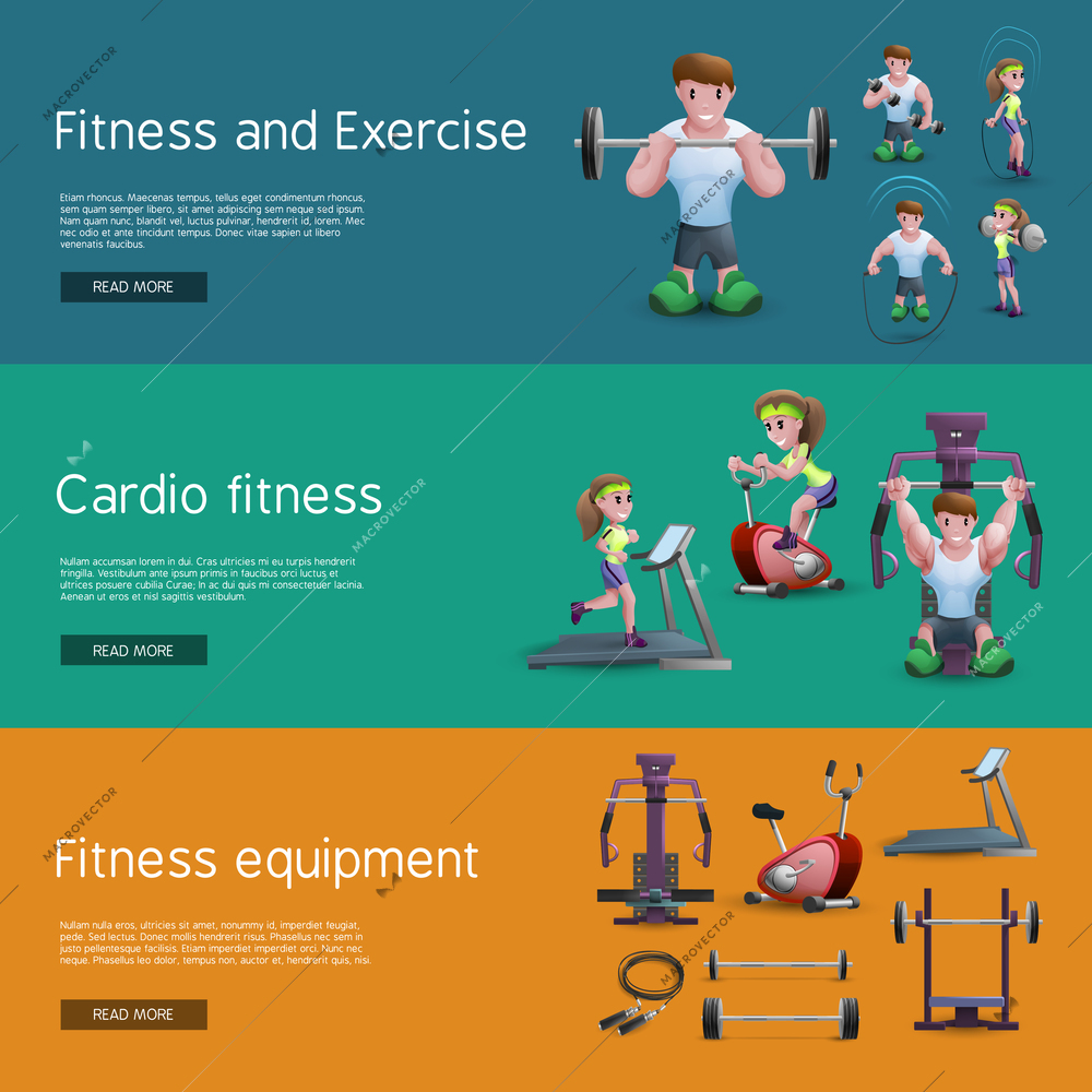 Banners set of people doing exercise people on cardio training tools and fitness equipment cartoon vector illustration