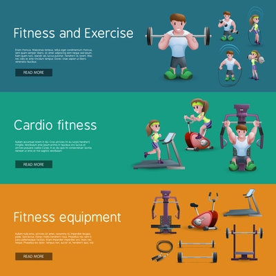 Banners set of people doing exercise people on cardio training tools and fitness equipment cartoon vector illustration