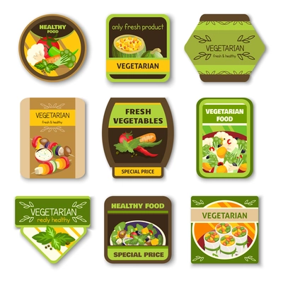 Vegetarian food colorful emblems with vegetables verdure spices for healthy lifestyle isolated vector illustration