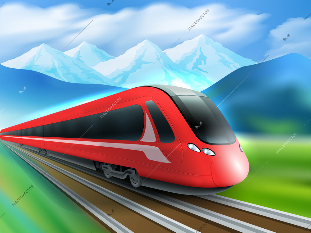 Red streamlined high-speed day train with mountain range background realistic image ad poster print vector illustration