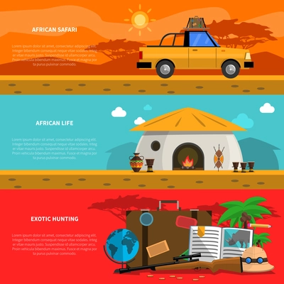 Safari horizontal banner set with exotic hunting flat elements isolated vector illustration