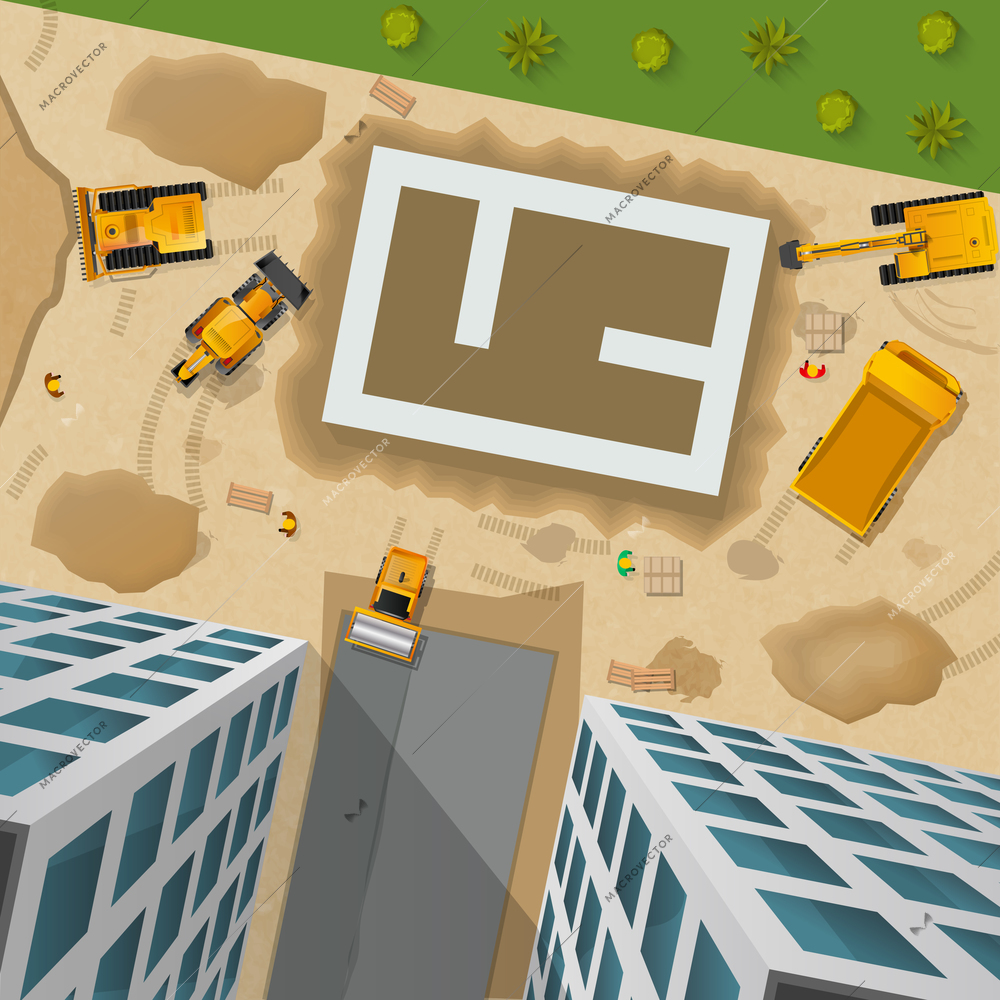 Building poster with various construction vehicles at the initial stage top view vector illustration