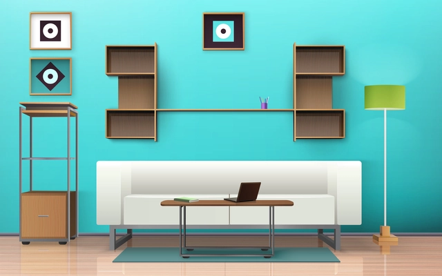 Living room design with sofa laptop and shelves isometric vector illustration