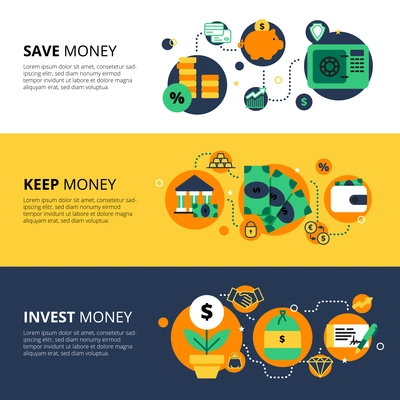 Flat collection of horizontal finance banners with saving keeping and investing money themes vector illustration