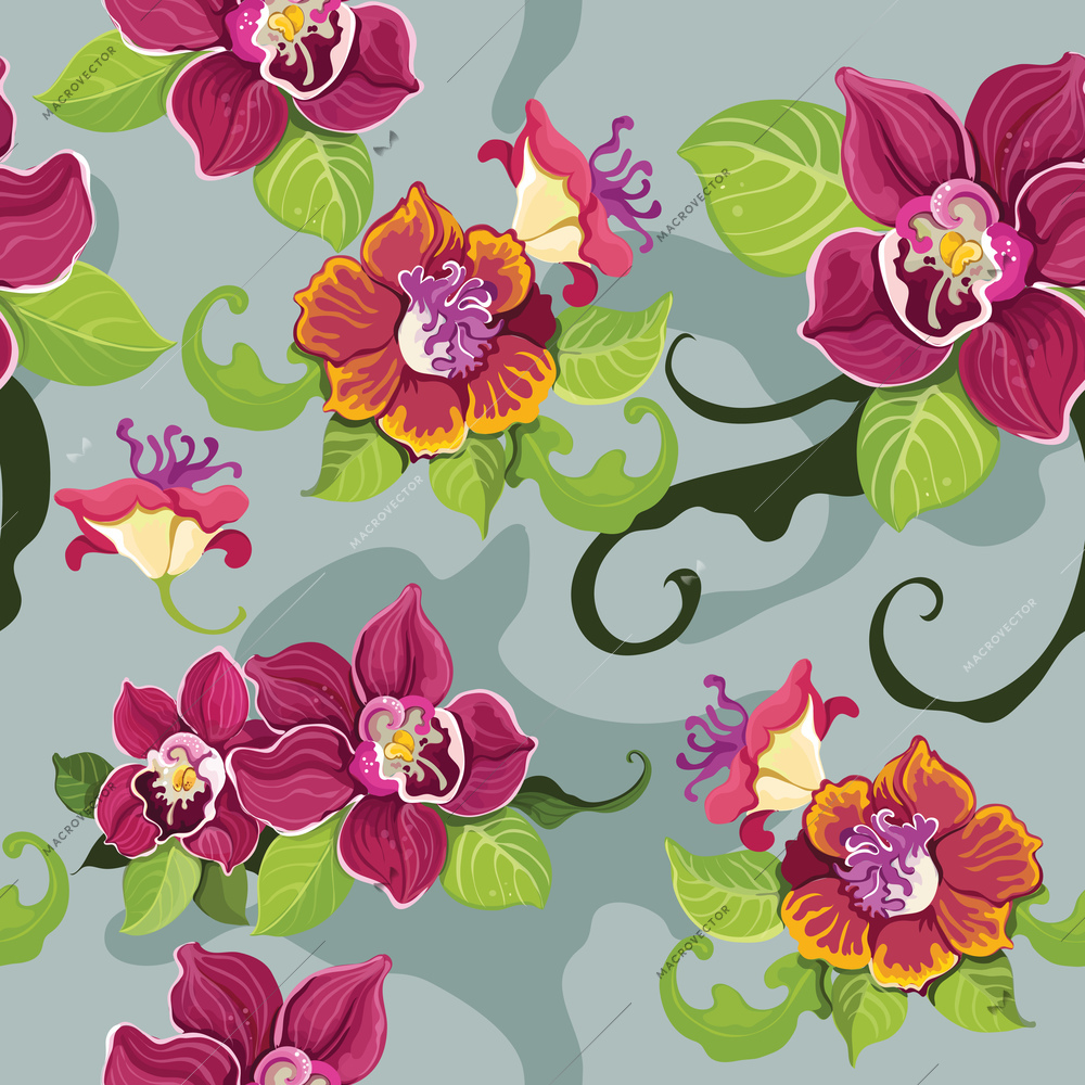 Seamless tropical decorative pattern wallpaper with colorful flowers and leaves vector illustration