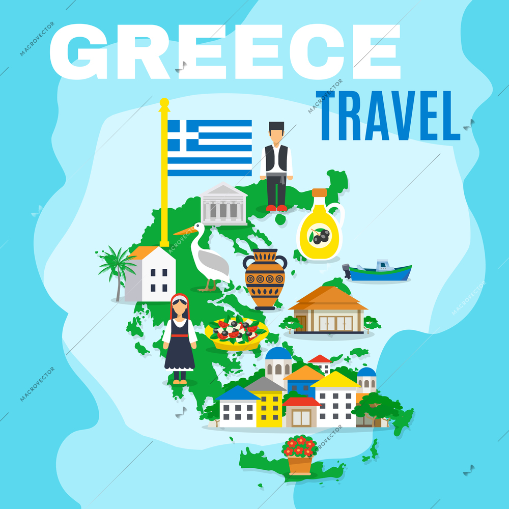 Greek poster with mainland map and main attractions sightseeing and peculiarities of the country vector illustration