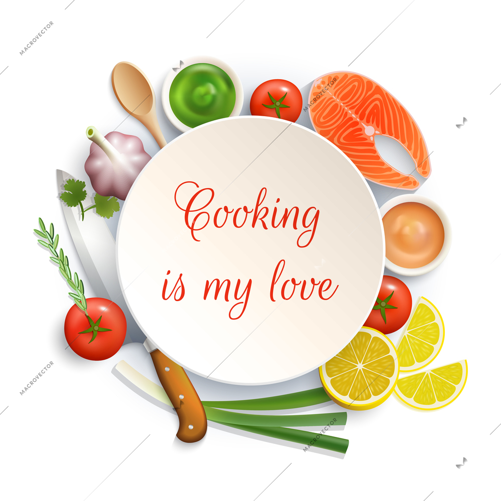 Love for cooking flat lay ingredients composition photo build around the plate with cock knife vector illustration